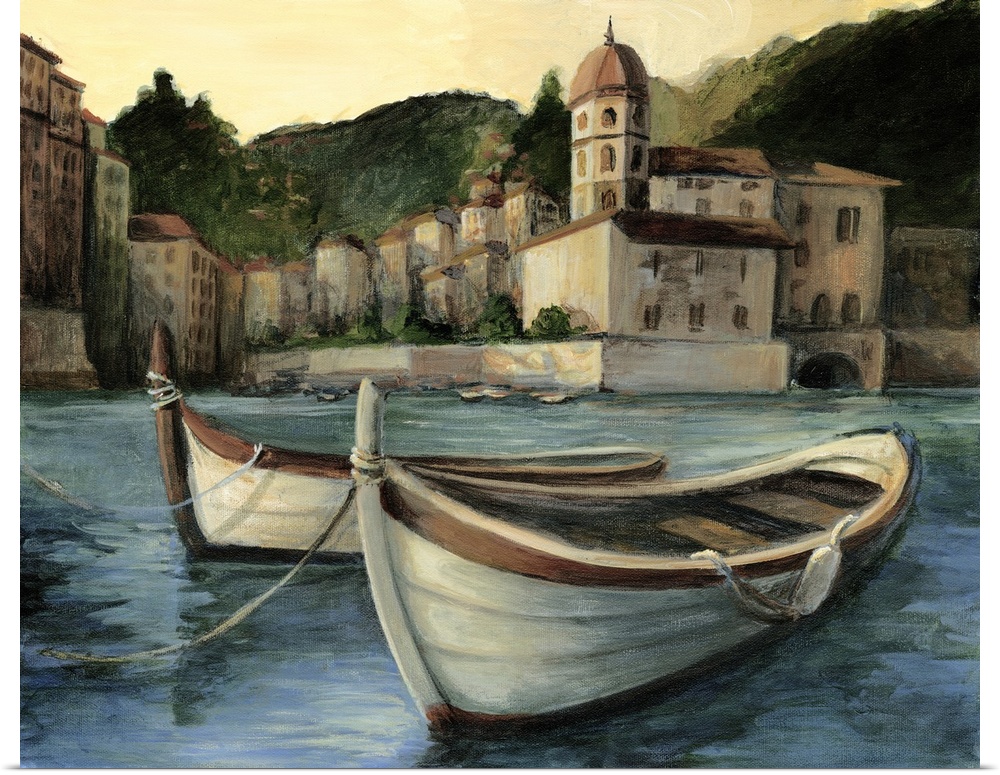 Contemporary painting of a coastal village with rowboats in the foreground.