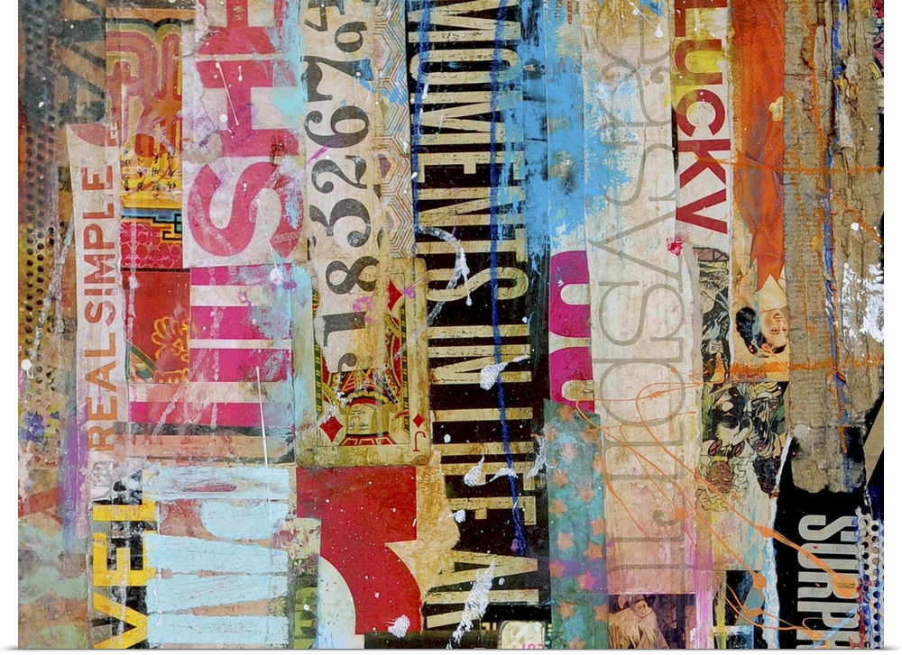 Contemporary mixed media artwork composed of a variety of found text arranged vertically.