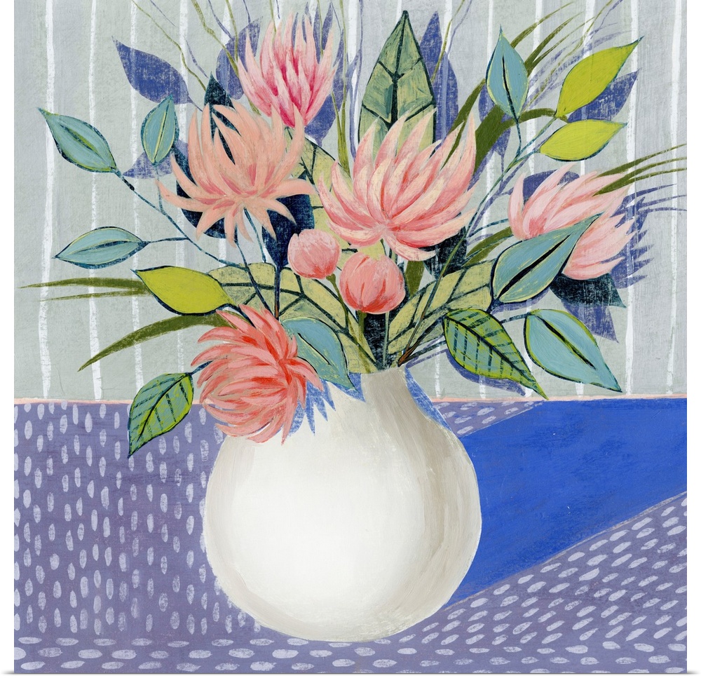 Mod artwork of pink flowers blooming in a white round vase.