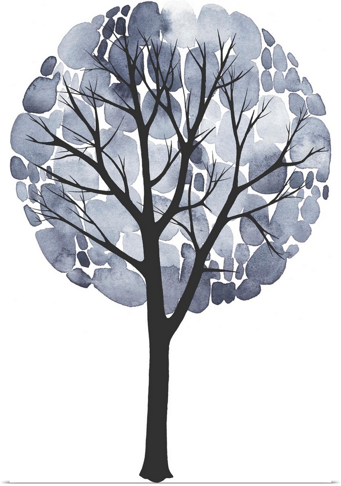 Painting of a tree with grey watercolor leaves.