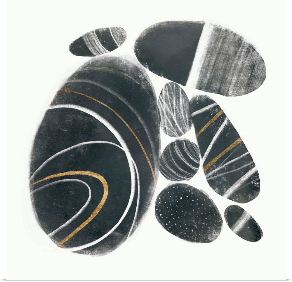 Distressed dark gray circular shapes illustrate smooth stones that have been gathered together against a white background.