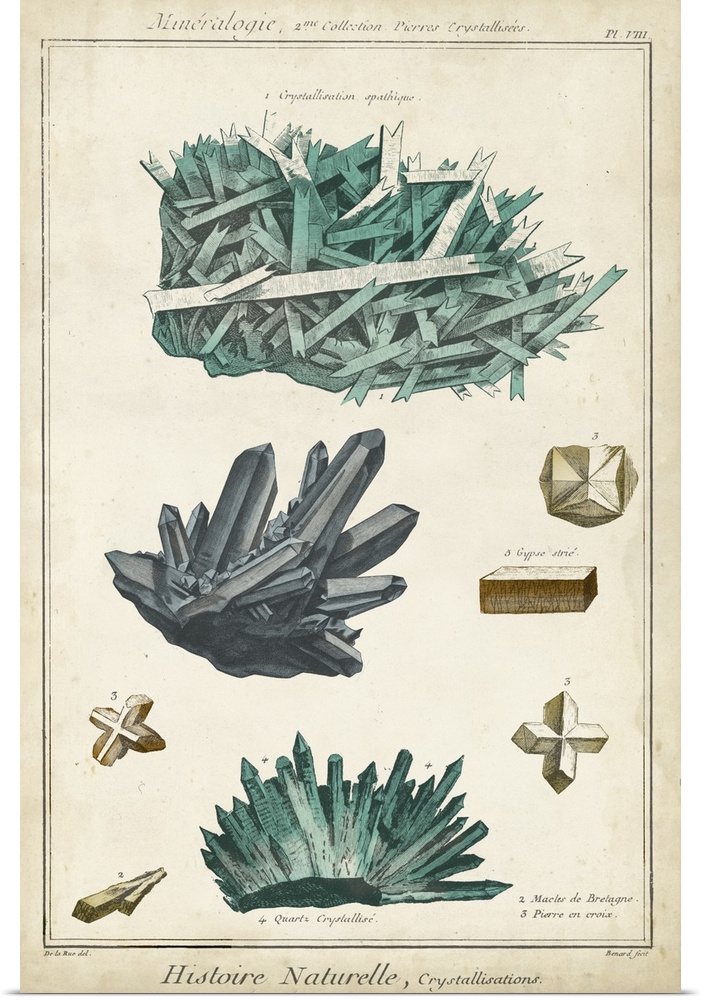 This decorative artwork features rock and crystalline illustrations over an aged background with French footnotes.