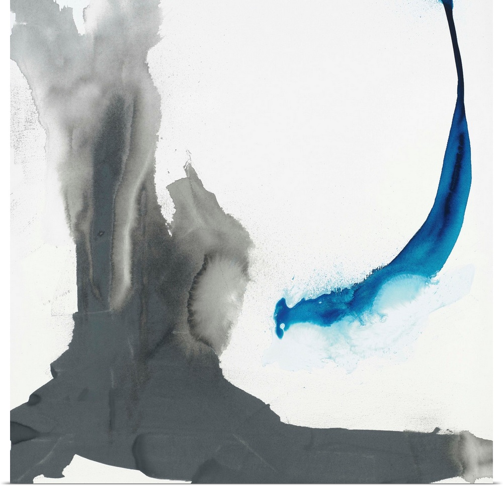 Abstract painting using aggressive strokes of gray with a hint of blue against a white background.