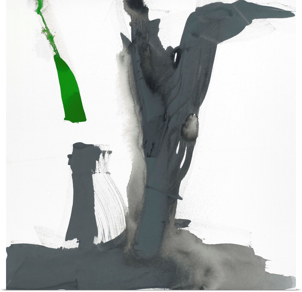 Abstract painting using aggressive strokes of gray with a hint of green against a white background.