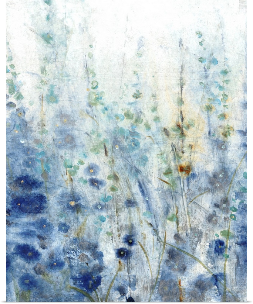Contemporary painting of a patch of wildflowers made in shades of blue with gold accents.