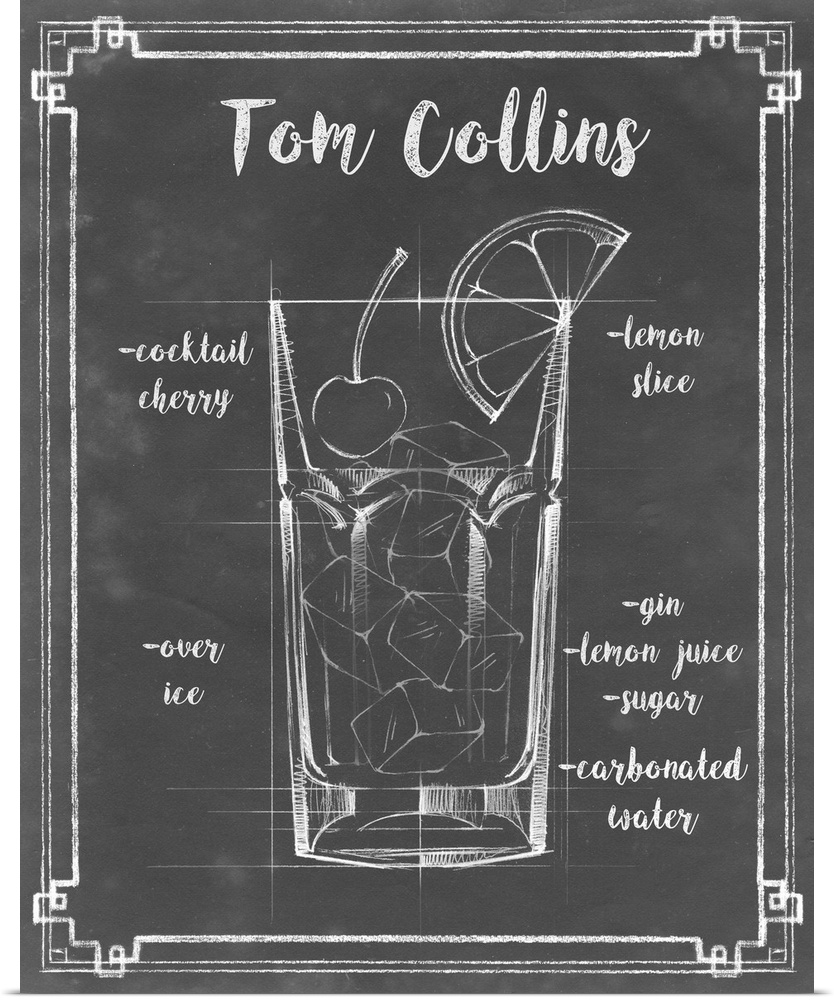 Blueprint style diagram and recipe of a Tom Collins cocktail.