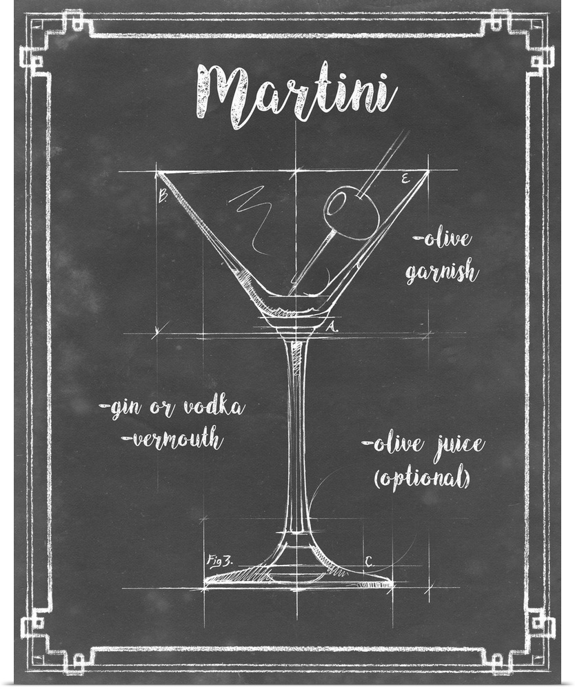 Blueprint style diagram and recipe of a Martini cocktail.
