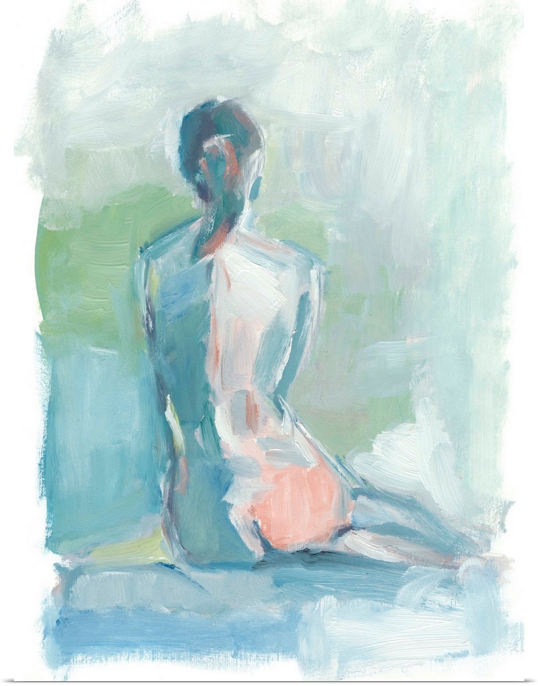 Contemporary abstract figure study of the female nude in blues and greens.