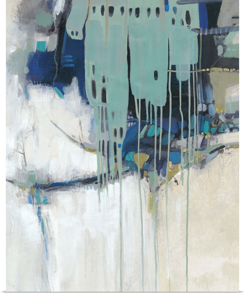 Contemporary abstract painting in teal, navy, and neutral hues.