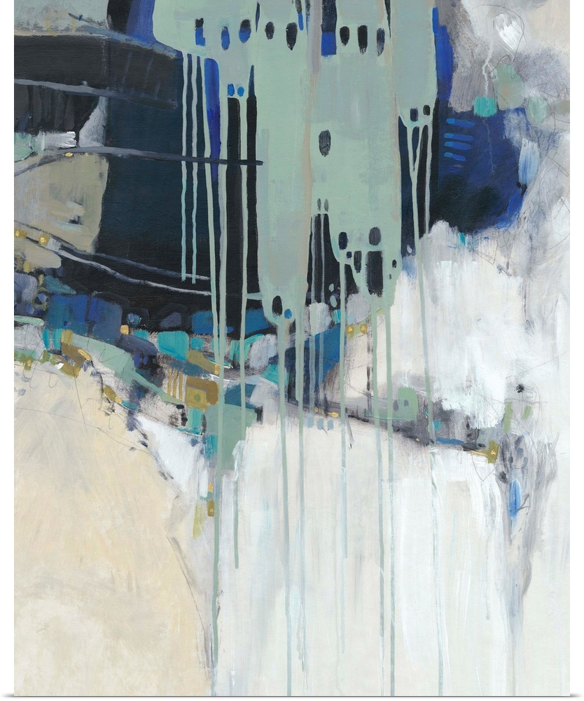 Contemporary abstract painting in teal, navy, and neutral hues.