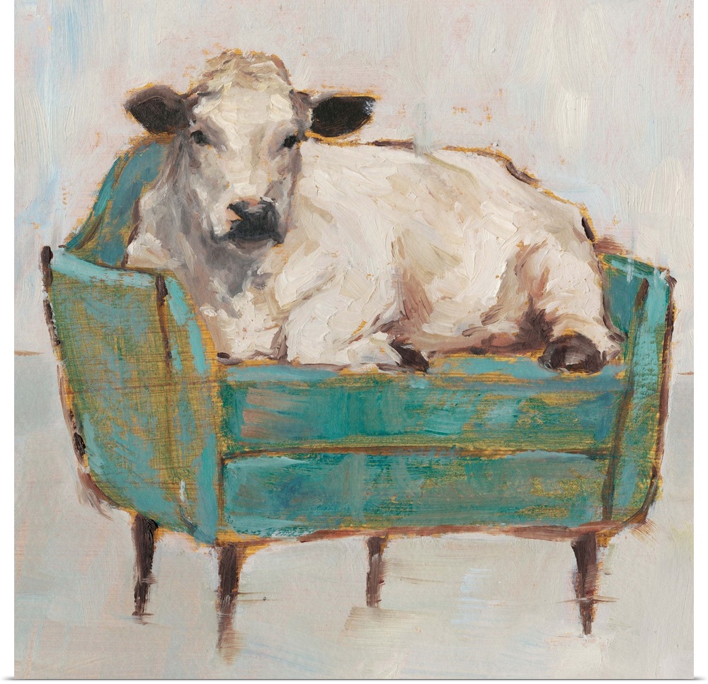 A whimsical composition of a large white cow lying comfortably on a luxe teal sofa. With it's gold accents, this image is ...