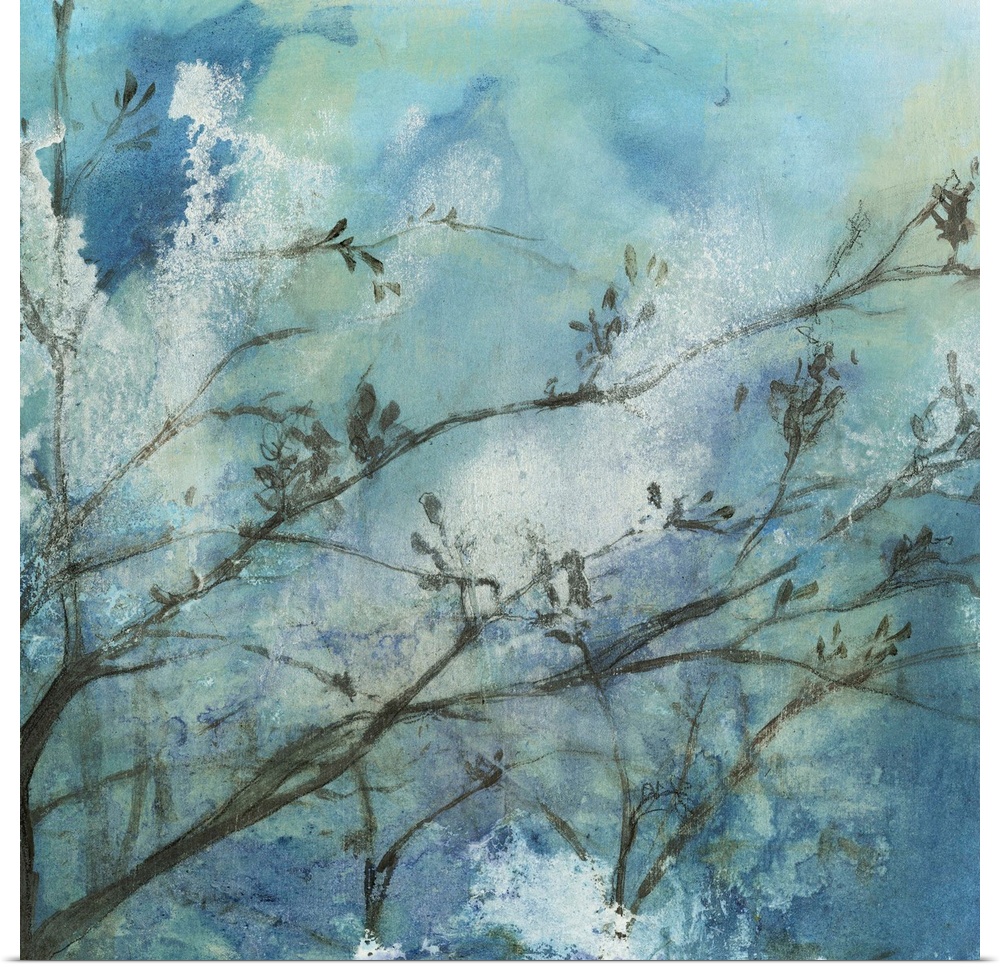Contemporary watercolor painting of tree branches against a blue moonlit sky.