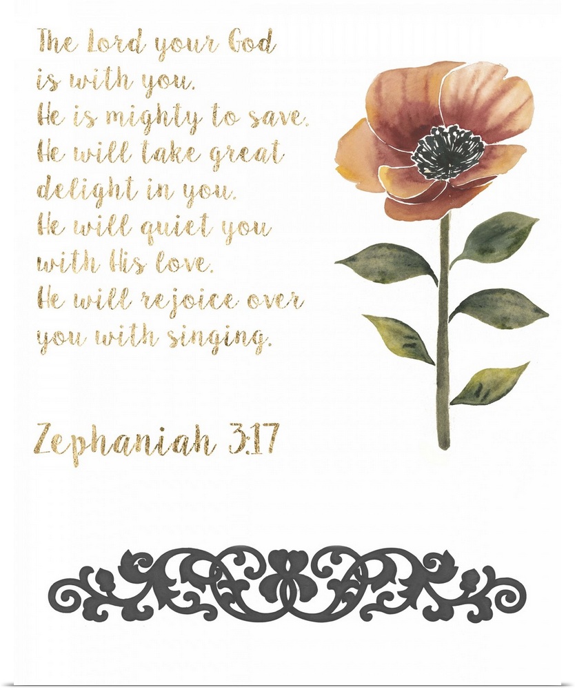A handwritten Bible verse with a red poppy and a vintage flourish.