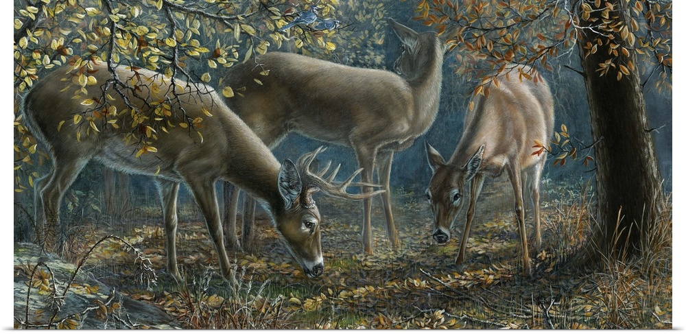 Contemporary painting of deer grazing in a forest.