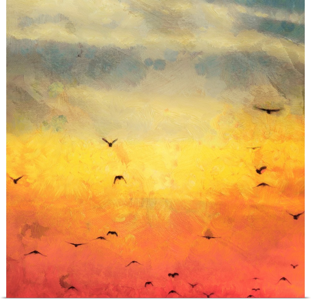 A contemporary sunset painting with a flock of birds flying in the distance