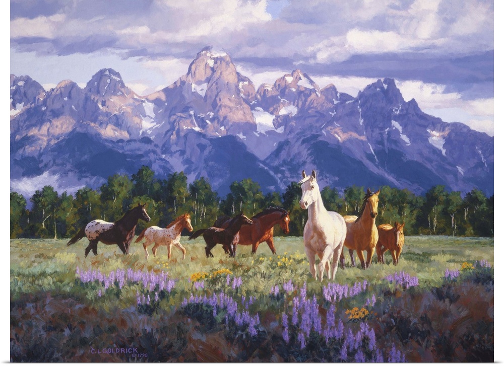 Contemporary colorful painting of a herd of horses in a countryside clearing, with mountains in the background.
