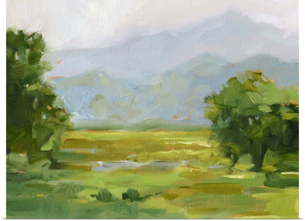 Contemporary landscape artwork of a verdant countryside with mountains in the distance.