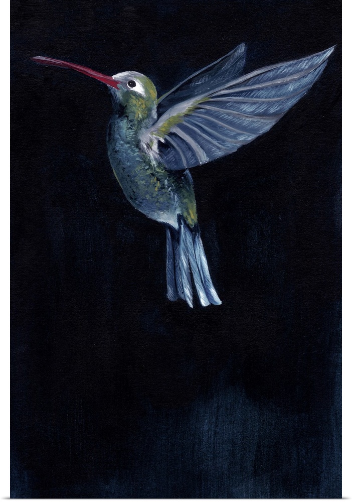 Painting of a hummingbird in flight against a dark background.