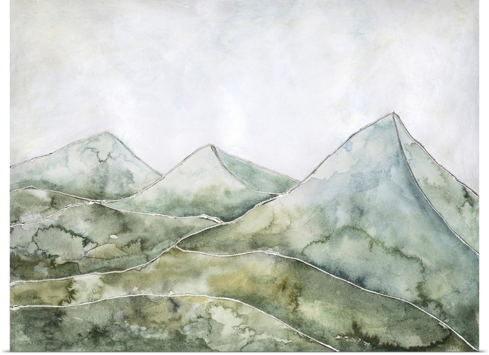 A contemporary stylized watercolor landscape featuring rolling hills in front of tall mountains in cool, calm tones