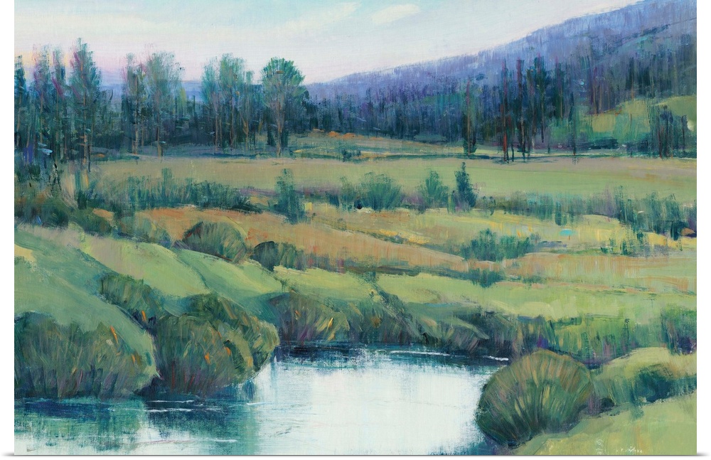 Landscape painting of a tree lined meadow with a mountain range in the distance.