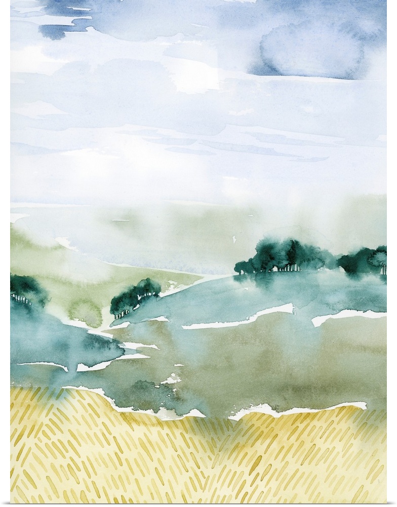 Watercolor landscape of a countryside with rolling hills in the background and golden fields in the foreground.
