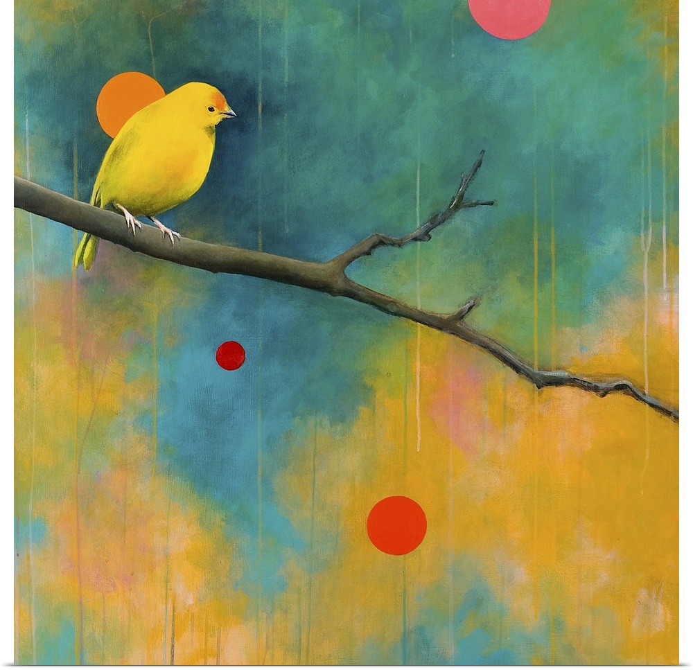 Vibrant painting of a bird perched on a branch, against a colorful and spotted background.