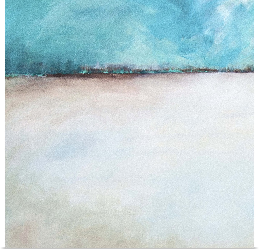 Abstract contemporary artwork resembling a sandy landscape under a blue sky.