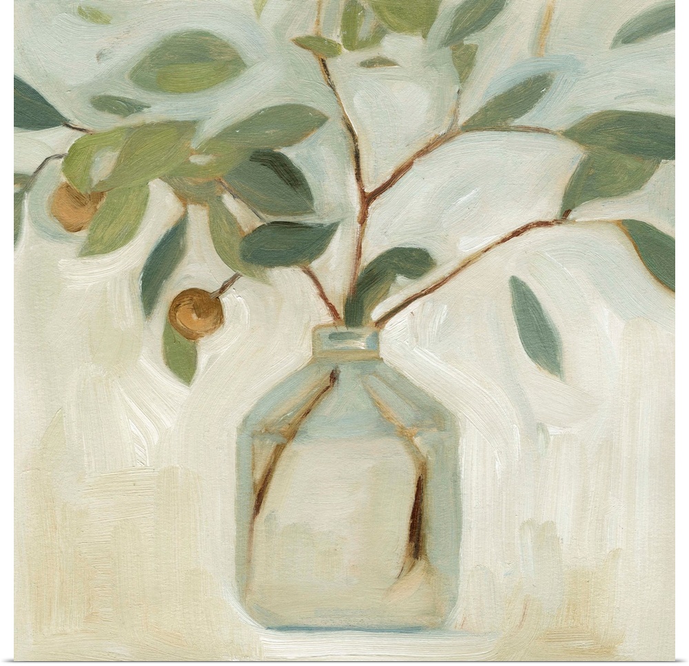 A simple still life of leafy branches in a clear glass jar, painted in a chunky abstracted style in neutral tones.