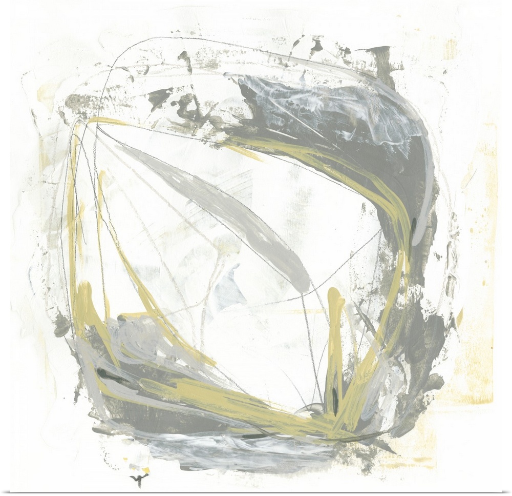 This decorative artwork features a sketched diamond-like shape overlaid with gestural brush strokes in gray and yellow ove...