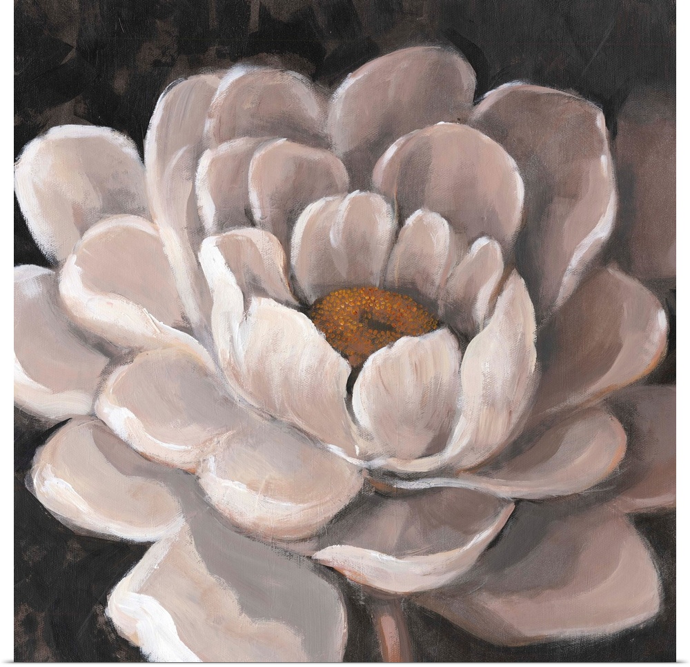 Contemporary close-up painting of a white flower against a dark background.