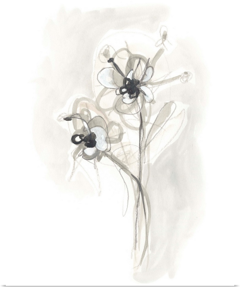 Circular brush strokes construct gestural flowers in neutral tones in this contemporary artwork.