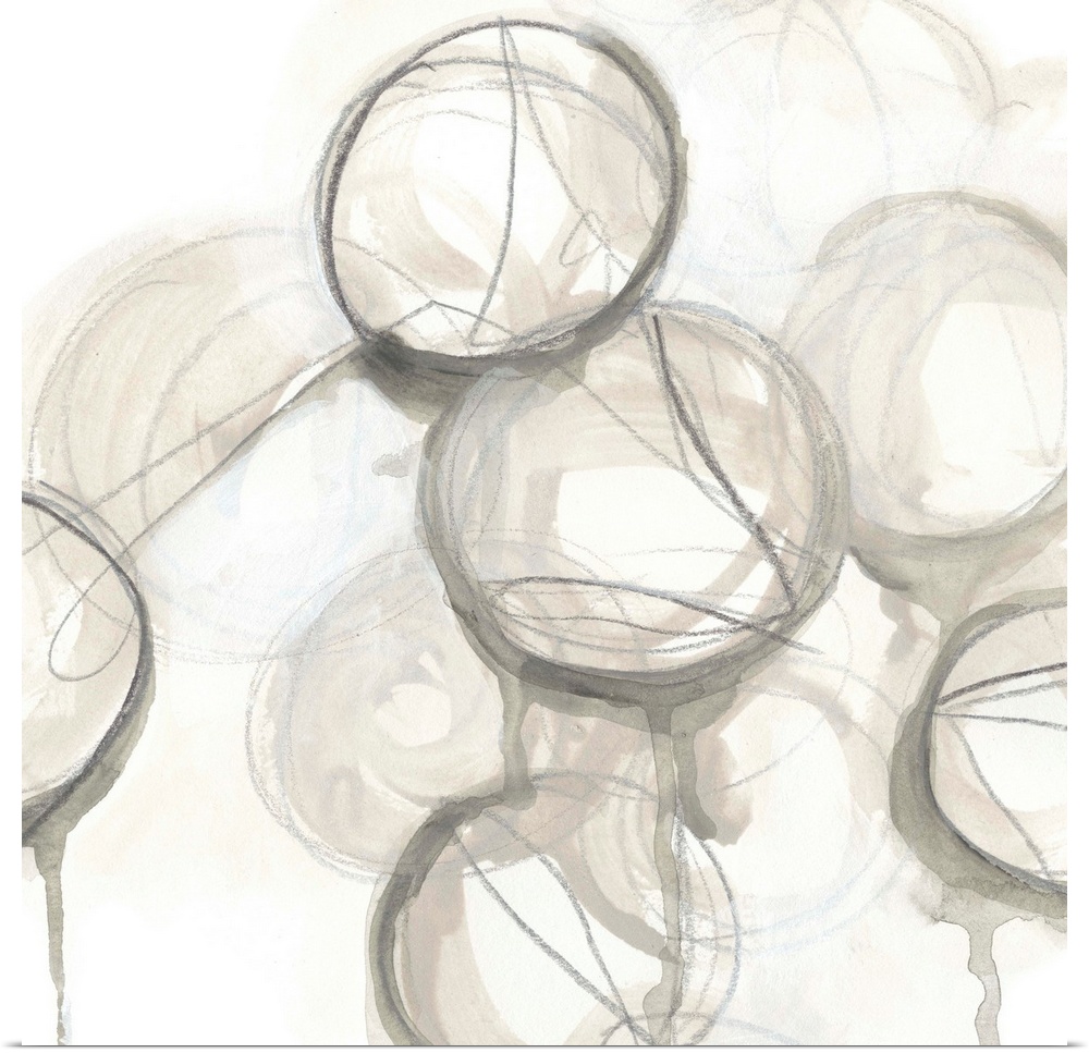 Contemporary watercolor abstract painting consisting of various circular shapes in neutral tones.