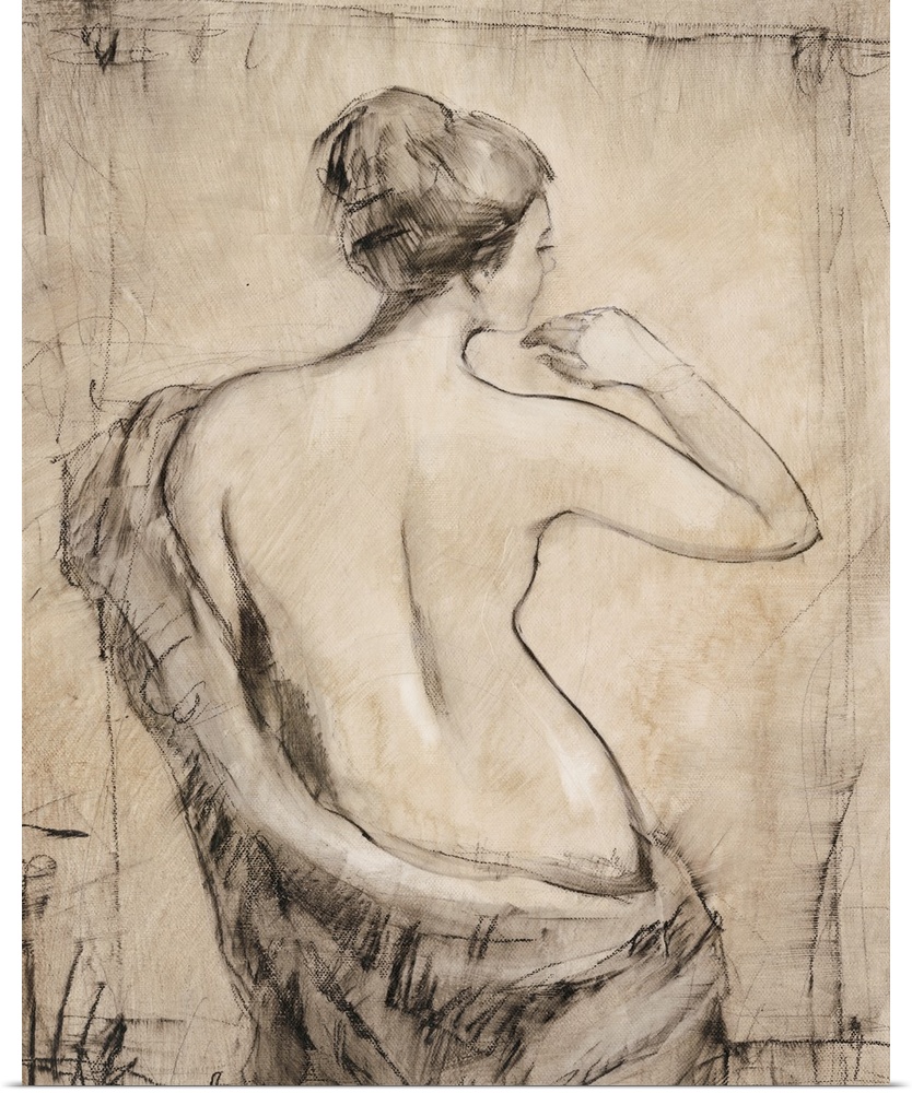 Figurative artwork of a nude female standing with a cloth draped around the back of her.