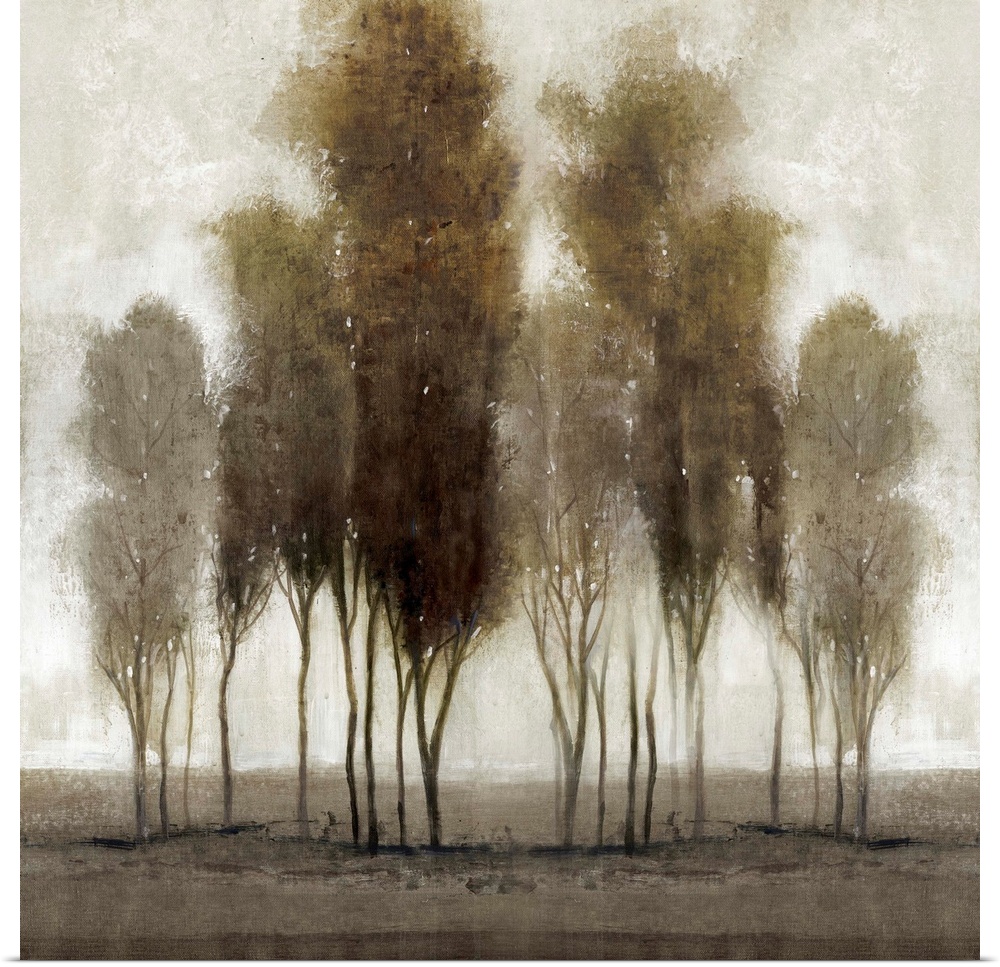 Contemporary painting of a group of trees in a line, in neutral tones.