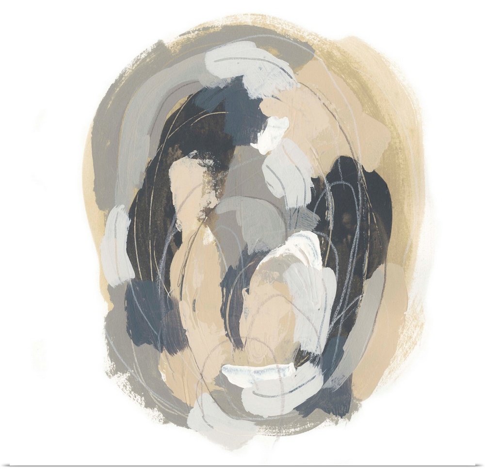 Square abstract painting in neutral tones of gray, beige and white with overlaying fine gray lines in circular shapes.