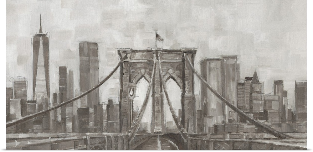 Panoramic view of New York City painted in gray tones.