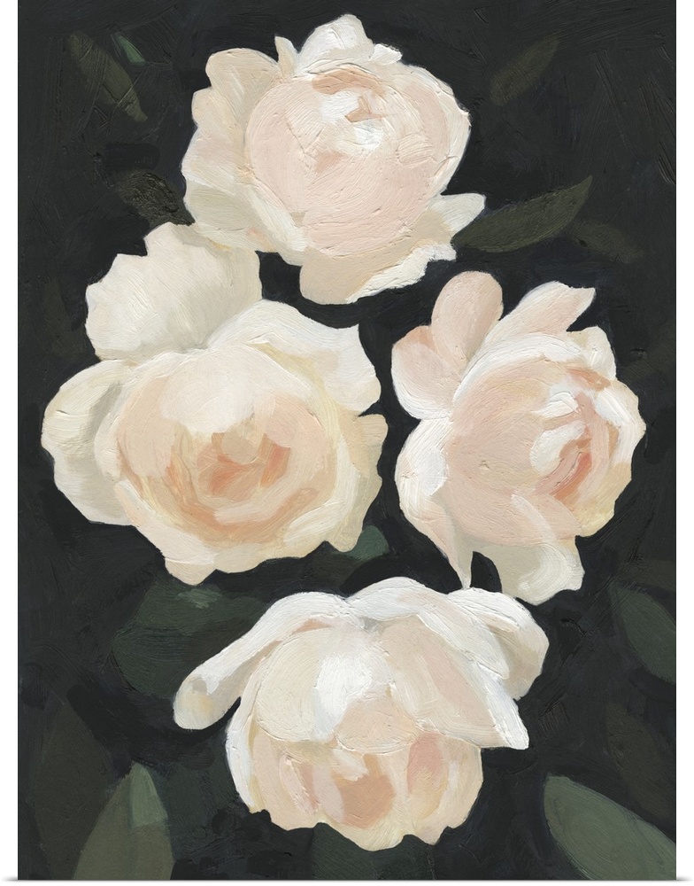 Vertical painting of blush and white blooming flowers against dark green leaves.