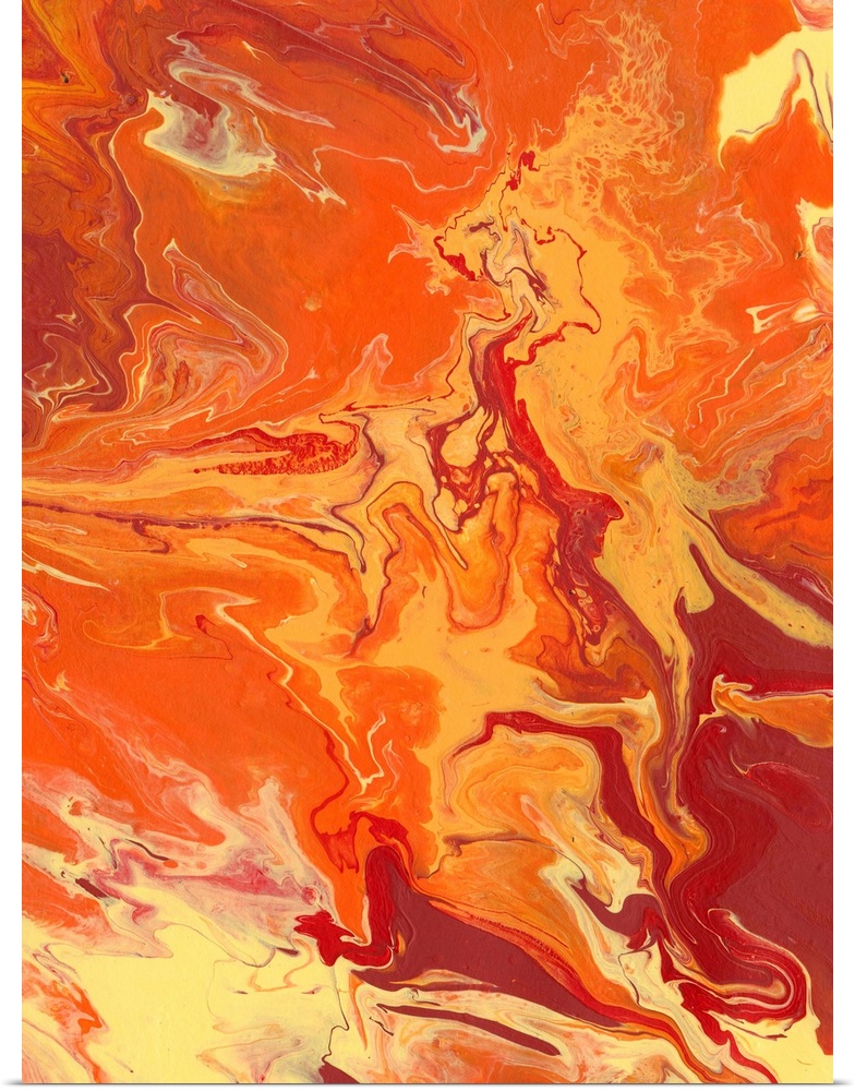Abstract artwork of yellow, orange and red shades in a liquid marble effect.
