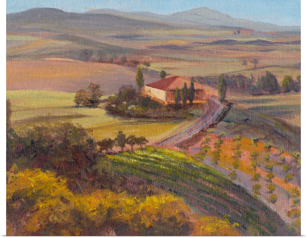 A contemporary painting of a Tuscan landscape of rolling hills in warm muted tones.