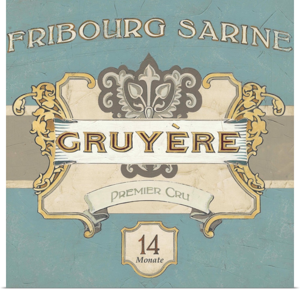 Vintage style label for Gruyere cheese.