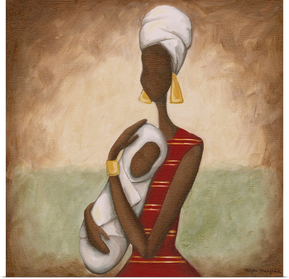 Painting of an African woman holding a child wrapped in blankets.
