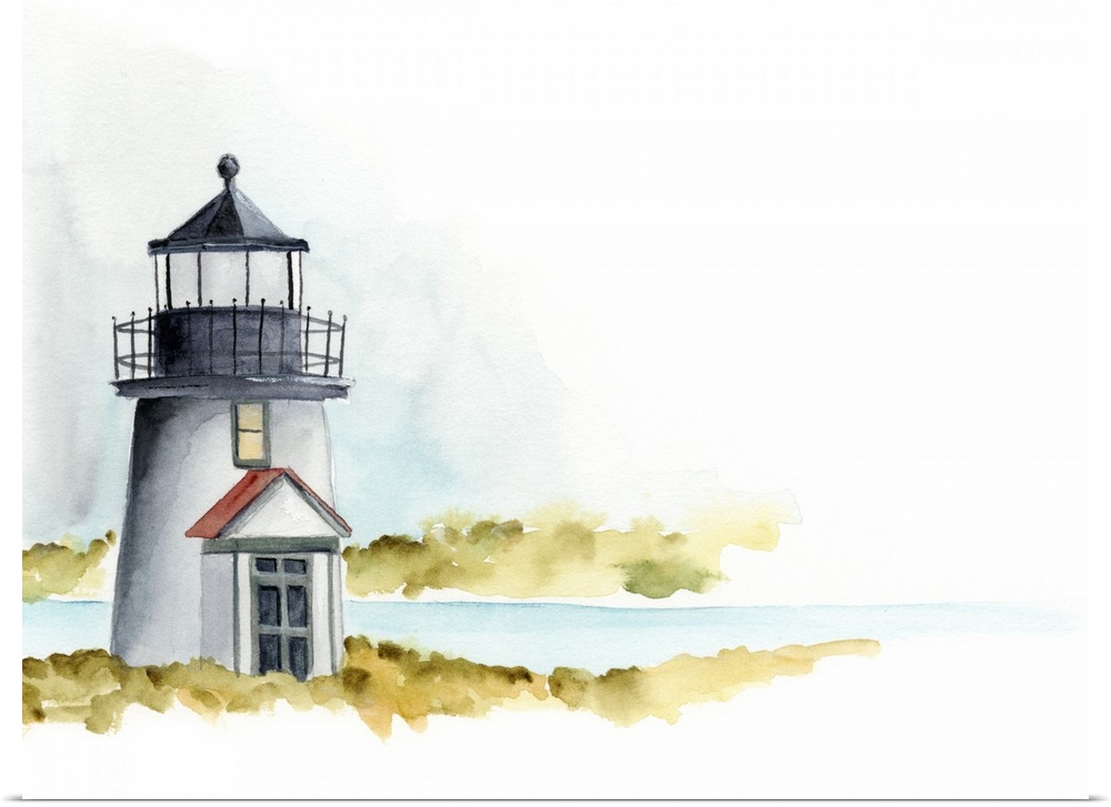 Landscape painting of a small lighthouse along a coast which fades into white, done in watercolor.