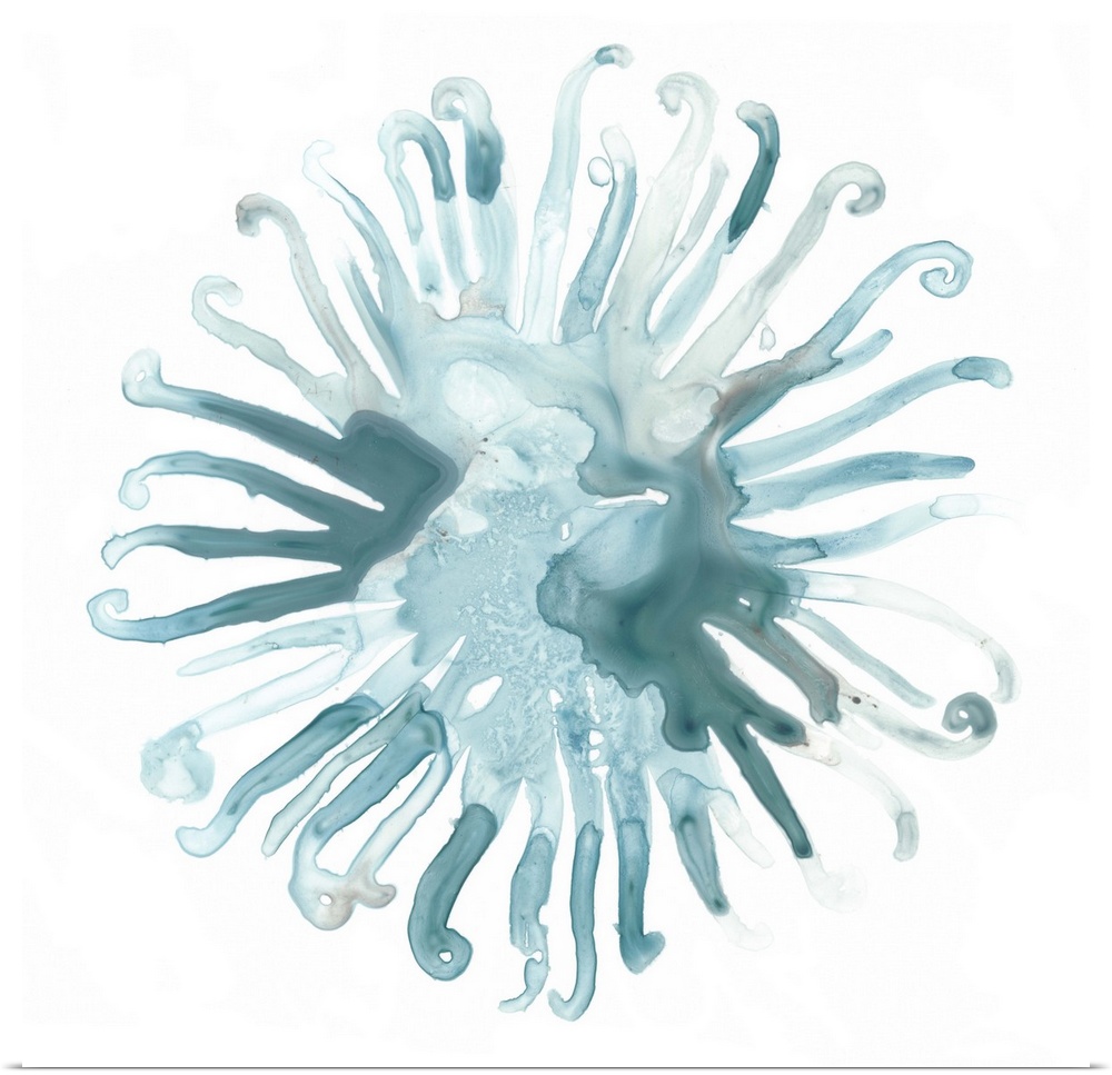 Decorative watercolor painting of sea urchin in shades of blue on a white backdrop.