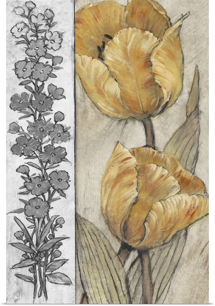 Lively brush strokes create warm golden tulips over a textured gray background with strip of gray flowers on the left side.