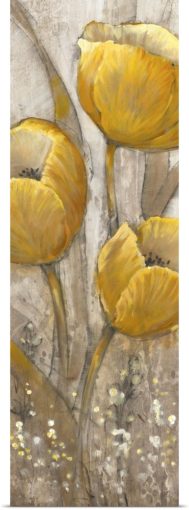 Contemporary painting of ochre yellow tulips against a neutral background.