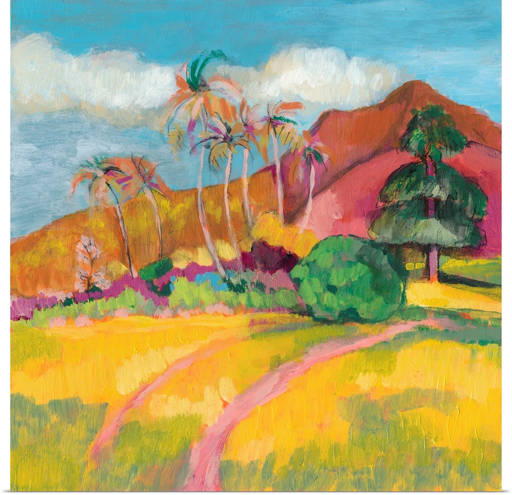 This contemporary landscape features short vertical brush strokes to create a bright tropical mountainous landscape.