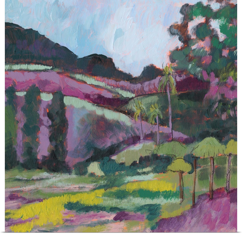 Inspired by an impressionist artist, this countryside landscape painting features a bold palette of pink and green shades.