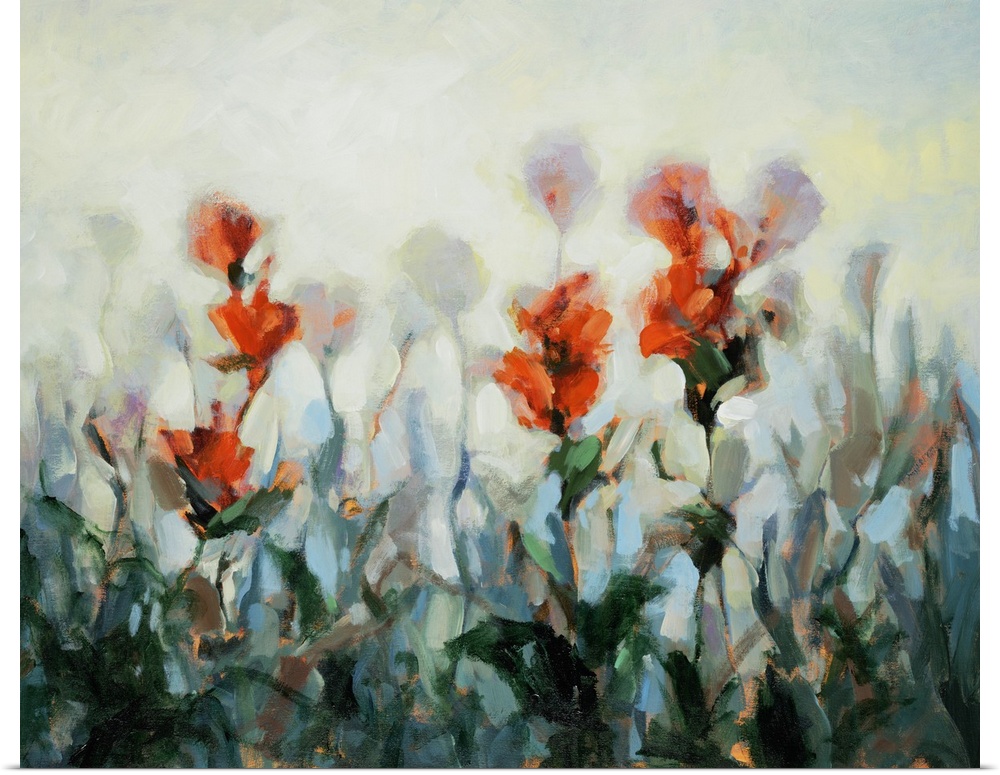 Impressionist style artwork of bright red wildflowers.