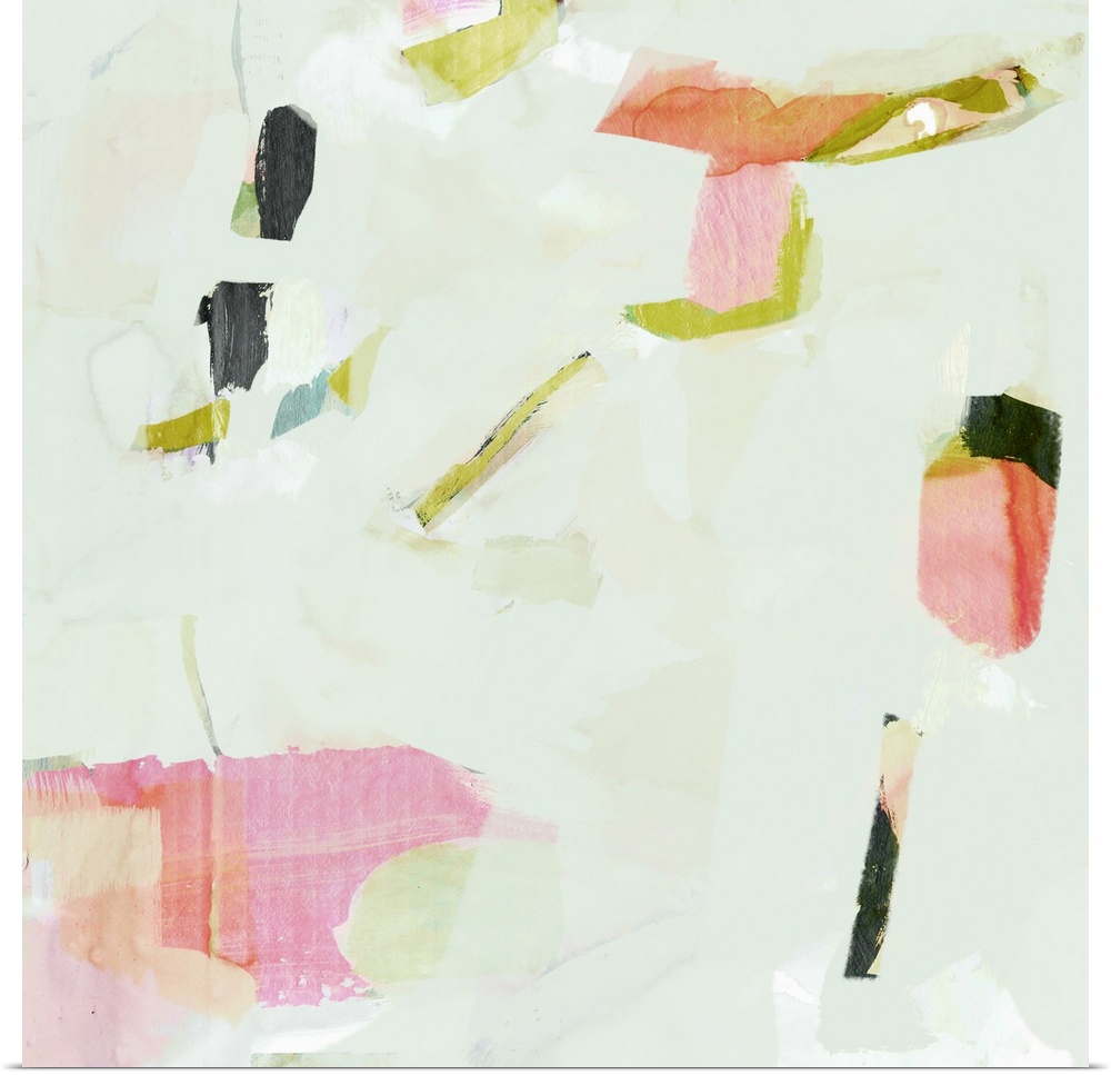 This abstract artwork features scattered pops of pink, orange and green against a soft green background that evokes the fe...