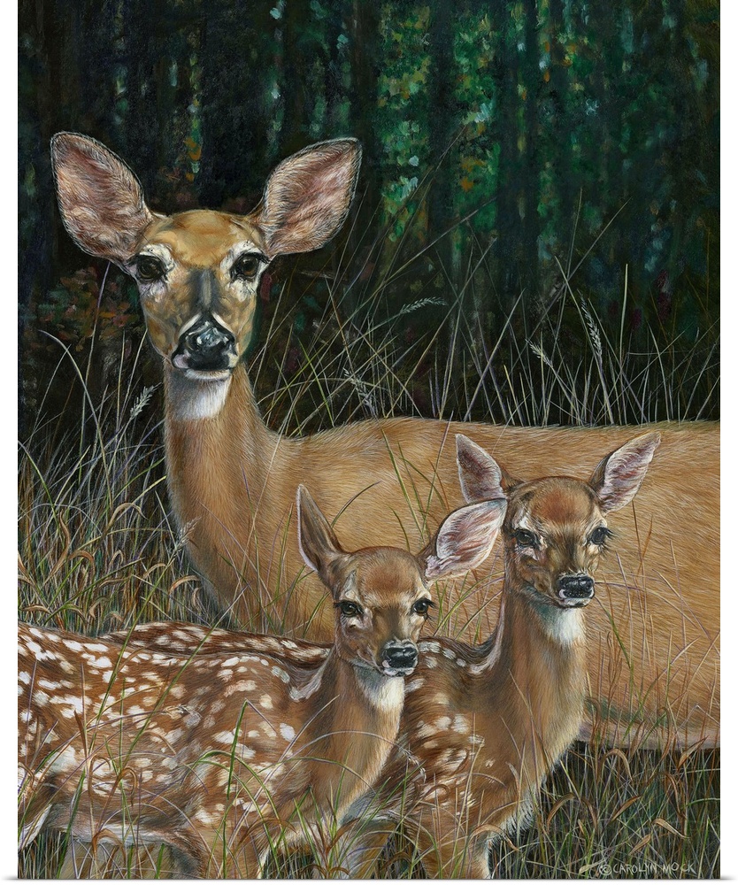 Contemporary painting of a mother deer with offspring.